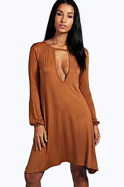 Boohoo Claire Cut Out Long Sleeve Swing Dress