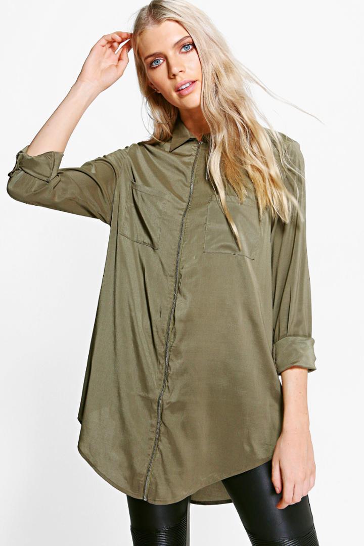 Boohoo Nicola Zip Through Longline Shirt Khaki