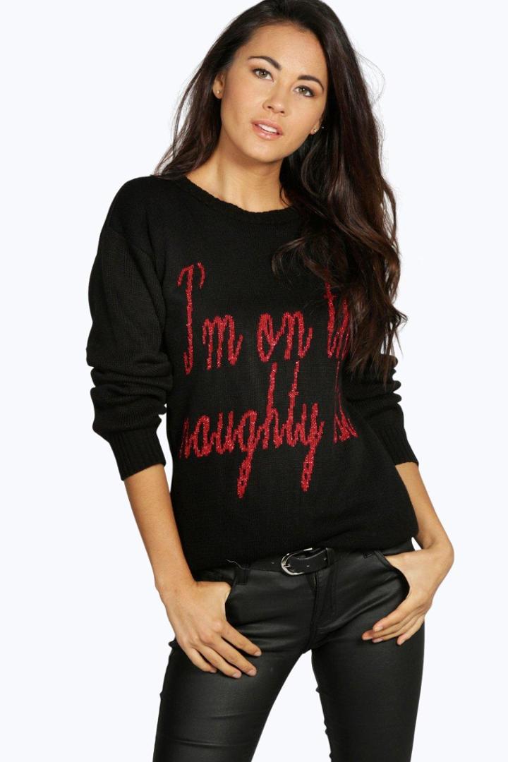 Boohoo Cara I'm On The Naughty List Christmas Jumper Black