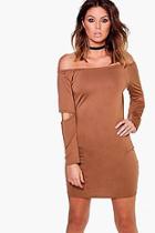 Boohoo Em Slinky Off Shoulder Slit Sleeve Bodycon Dress