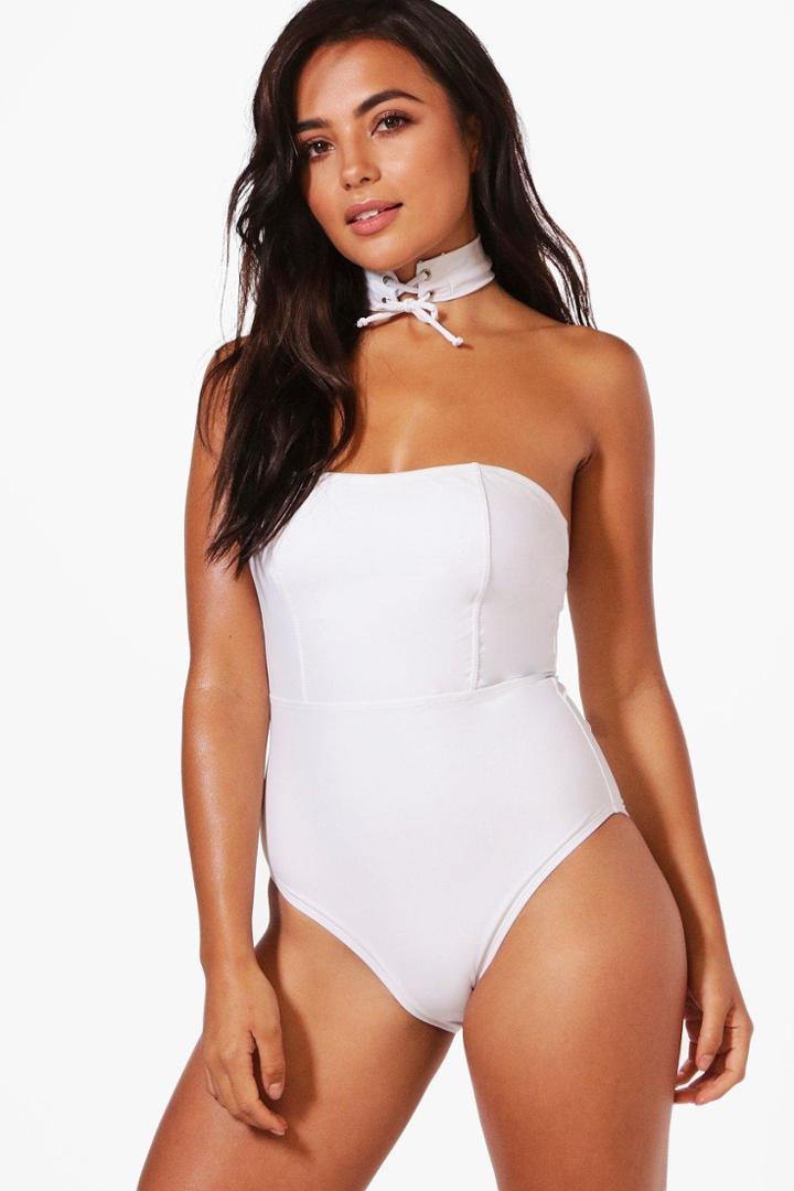 Boohoo Petite Marissa Bandeau Choker Bathing Suit White