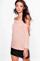 Boohoo Tall Nerea Tie Cold Shoulder Jumper Stone