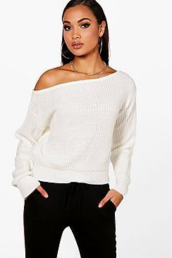 Boohoo Slash Neck Crop Fisherman Sweater