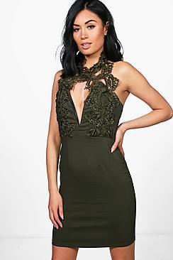 Boohoo Anna Lace Trim Halter Neck Dress