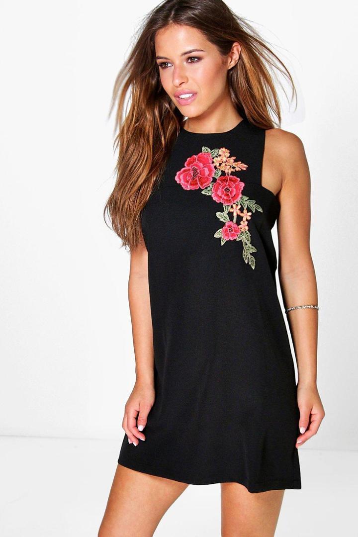 Boohoo Petite Aria Embroidered Shift Dress Black