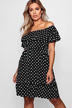 Boohoo Plus Libby Spot Ruffle Off The Shoulder Dress