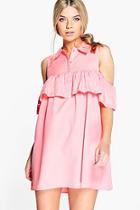 Boohoo Beryl Woven Ruffle Cold Shoulder Dress