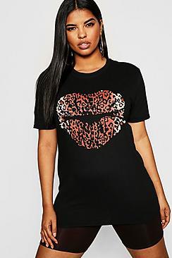 Boohoo Plus Leopard Lip Slogan T Shirt