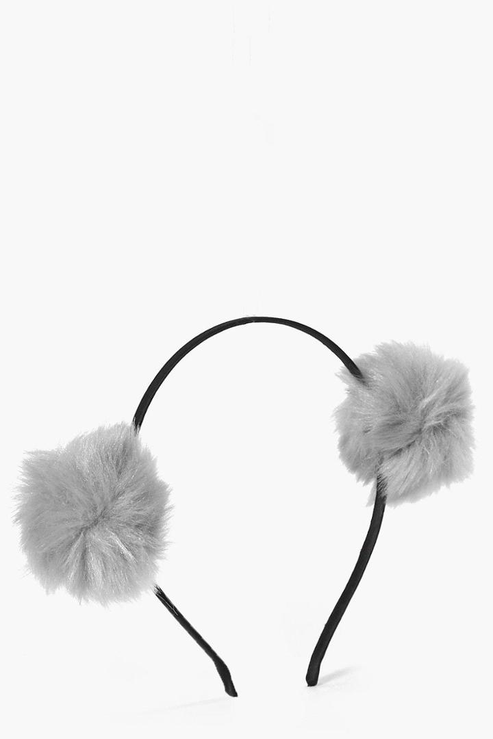 Boohoo Sofia Faux Fur Pom Headband Grey