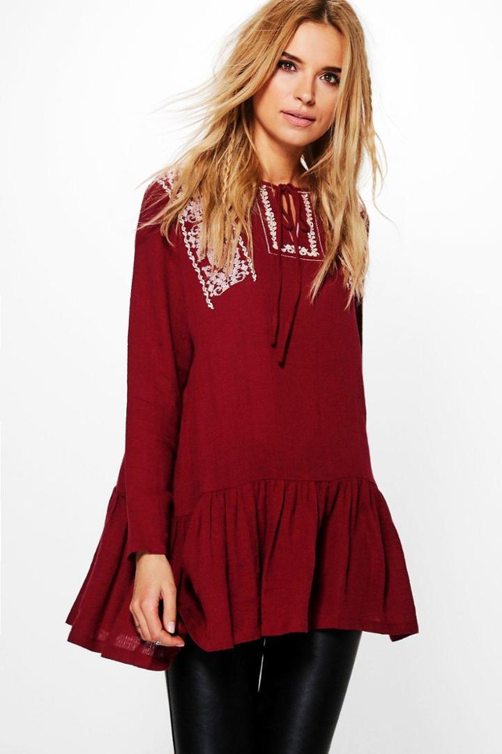 Boohoo Ellie Embroidered Frill Detail Smock Top Wine