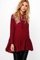 Boohoo Ellie Embroidered Frill Detail Smock Top Wine