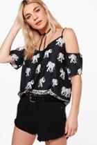 Boohoo Isla Elephant Print Cold Shoulder Top Multi
