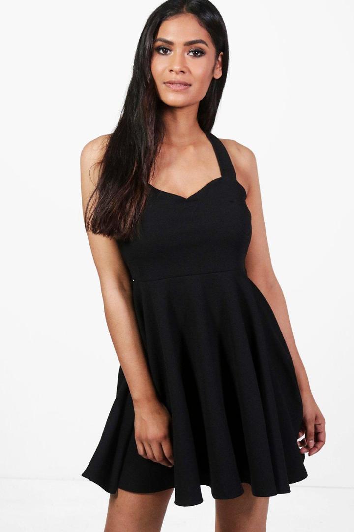 Boohoo Una Bow Neck Sweetheart Skater Dress Black
