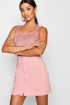 Boohoo Pink Raw Hem Denim Skirt