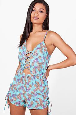 Boohoo Ella Pineapple Lace Up Beach Playsuit