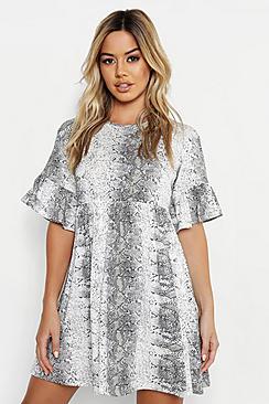 Boohoo Petite Snake Print Ruffle Smock Dress