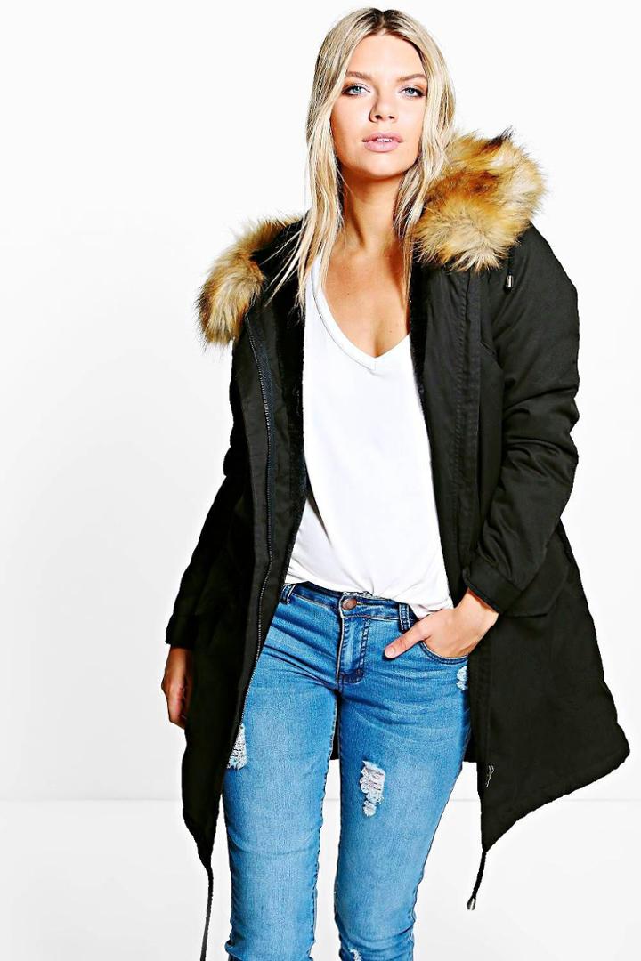Boohoo Mia Faux Fur Lined Parka Black