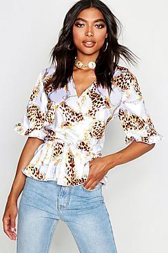 Boohoo Tall Animal And Chain Print Satin Wrap Top