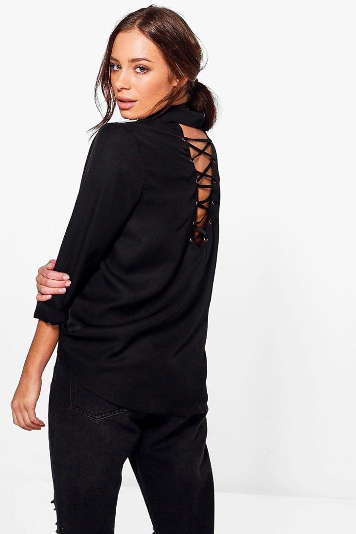 Boohoo Savannah Lace Up Back Shirt Black