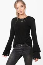 Boohoo Rebecca Ruffle Cuff Fine Knit Jumper Black