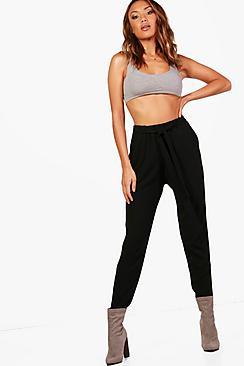 Boohoo Hannah Tie Waist Tapered Trouser