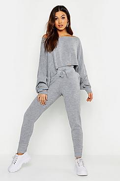 Boohoo Heavy Knitted Box Crop Jogger Set