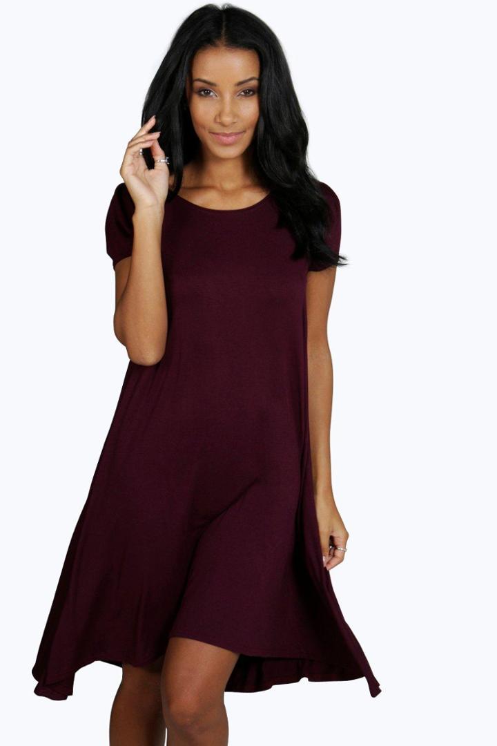 Boohoo Selma Cap Sleeve Jersey Swing Dress Berry
