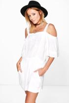 Boohoo Ola Off The Shoulder Crochet Trim Playsuit White