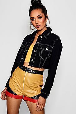Boohoo Petite Cropped Raw Hem Contrast Stitch Denim Jacket