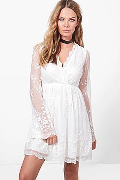 Boohoo Lia Lace Wrap Front Shoulder Dress
