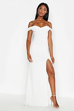 Boohoo Bardot Thigh Split Fishtail Maxi Dress