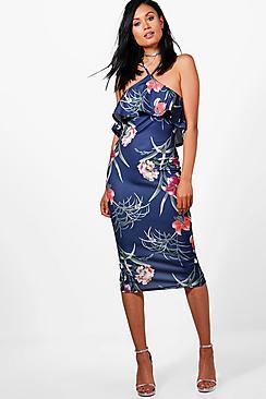Boohoo Quinn Frill Top Navy Floral Midi Dress