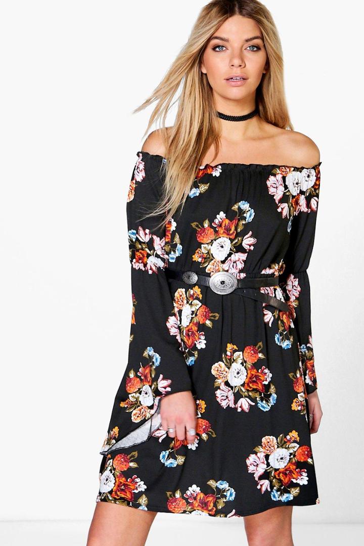 Boohoo Camy Off The Shoulder Flare Sleeve Skater Dress Black