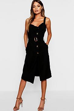Boohoo Woven Horn Button Belted Pinny Dress