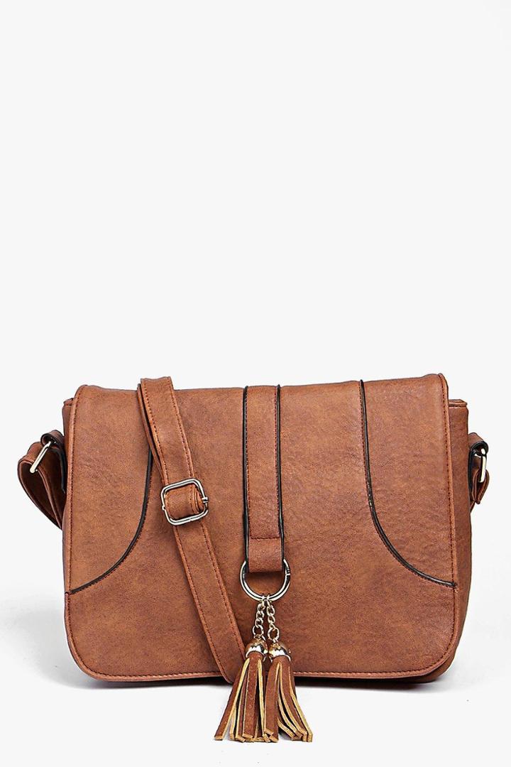 Boohoo Mia Loop And Tassel Saddle Cross Body Bag Tan