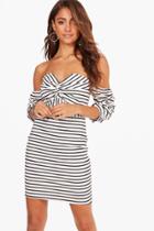 Boohoo Este Stripe Off The Shoulder Puff Sleeve Bodycon Dress Multi