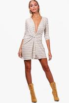 Boohoo Kristine Stripe Knot Front Micro Mini Bodycon Dress