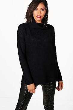 Boohoo Roll Neck Slouchy Button Detail Jumper