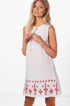 Boohoo Petite Kelly Embroidered Hem Shift Dress Red