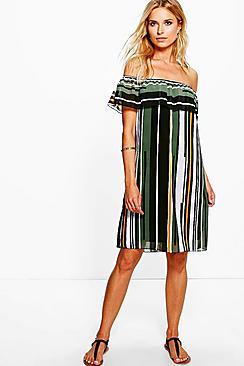Boohoo Joanie Striped Off The Shoulder Dress