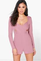 Boohoo Ava Cross Front Long Sleeved Bandage Playsuit Mauve