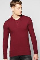 Boohoo Long Sleeve Muscle Fit Polo In Jersey Wine