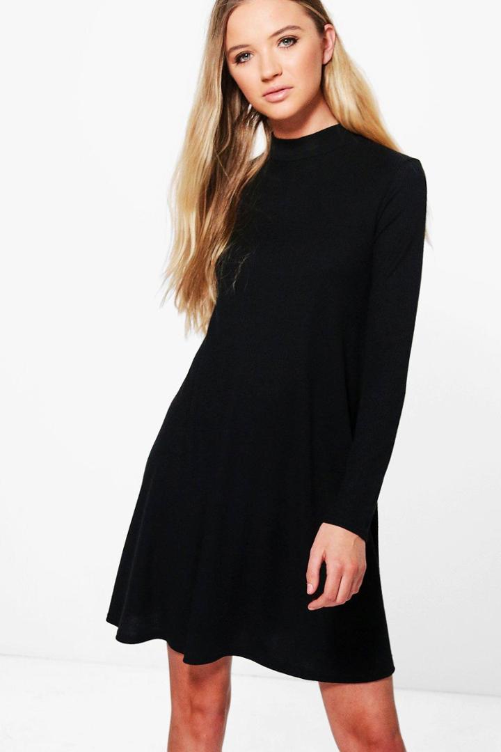 Boohoo Diana Turtle Neck Rib Knit Swing Dress Black