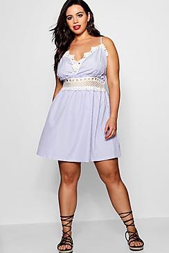 Boohoo Plus Talhia Crochet Insert Stripe Smock Dress