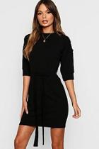 Boohoo High Neck Button Detail Tie Belt Dress