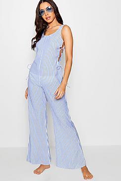 Boohoo Tasha Pinstripe Lace Up Beach Jumpsuit