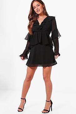 Boohoo Petite Ruffle Sleeve Tea Dress