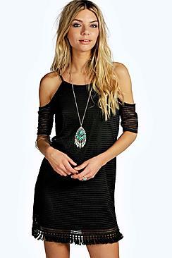 Boohoo Riza Cold Shoulder Fringe Shift Dress