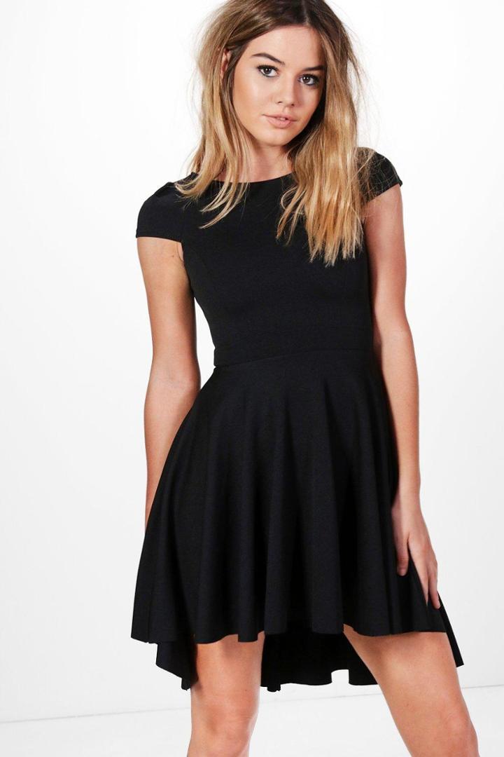 Boohoo Petite Dana Cap Sleeve Dip Hem Skater Dress Black