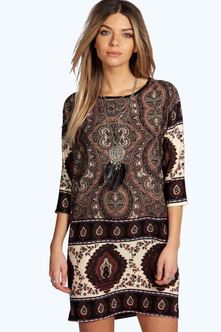 Boohoo Nina Paisley Print 3/4 Sleeve Shift Dress Multi